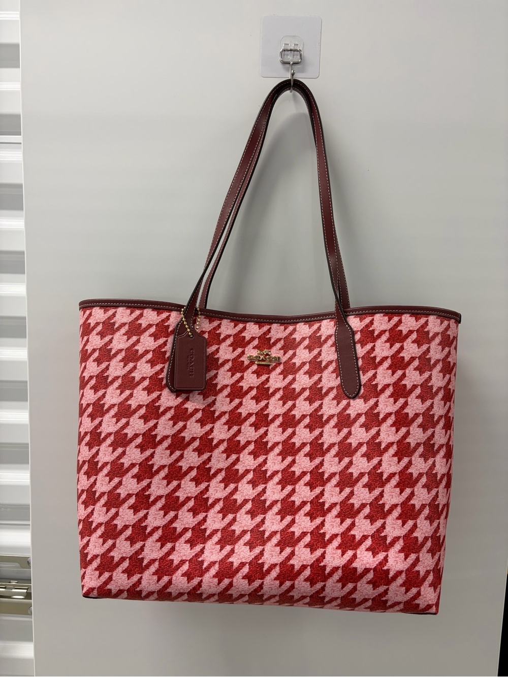 Coach Pink & Red Houndstooth City Tote
